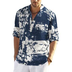 Men's Blue Cotton Linen Henley Shirt Long Sleeve Hippie Casual Beach T Shirts